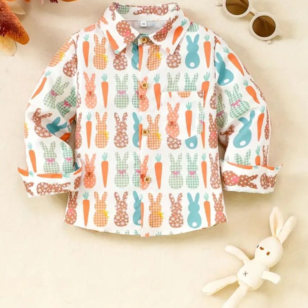 Easter Bunnies/Carrot Print Button Down Collared Dress Shirt 4-5 Yr Or 7-8 Yrs.